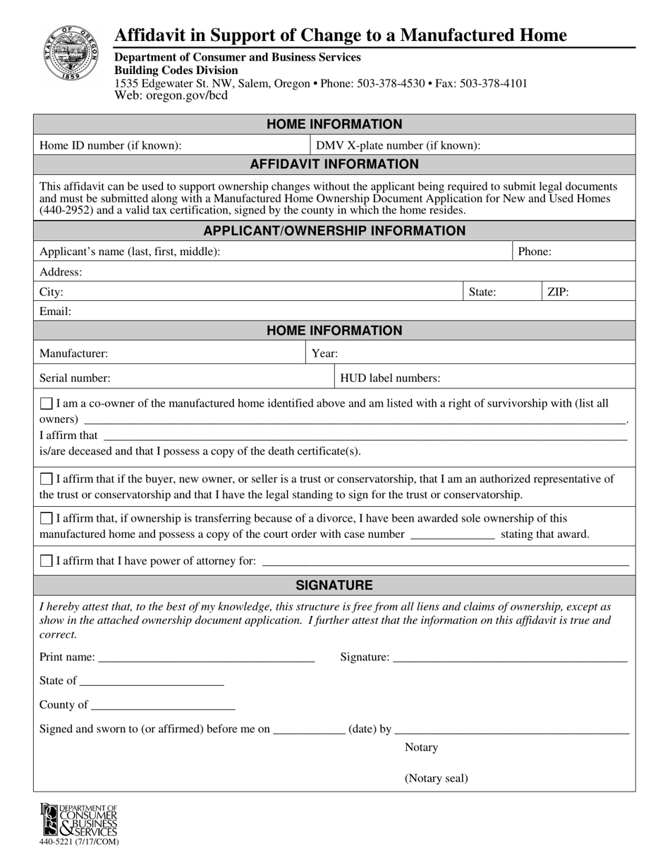 Form 440-5221 Affidavit in Support of Change to a Manufactured Home - Oregon, Page 1