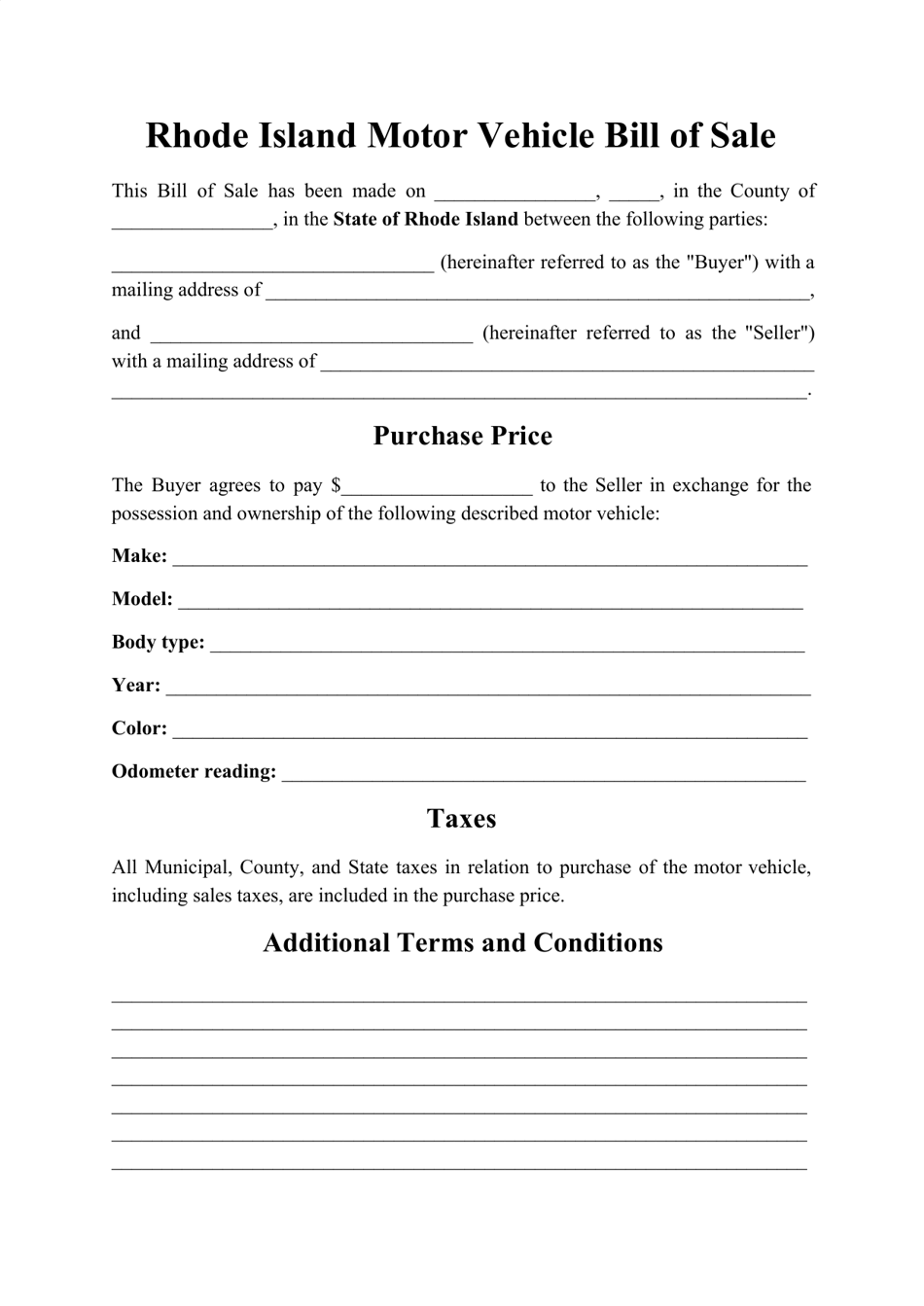 Rhode Island Motor Vehicle Bill of Sale Form Fill Out, Sign Online