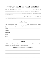 Document preview: Motor Vehicle Bill of Sale Form - South Carolina