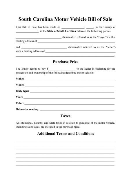 Motor Vehicle Bill of Sale Form - South Carolina Download Pdf