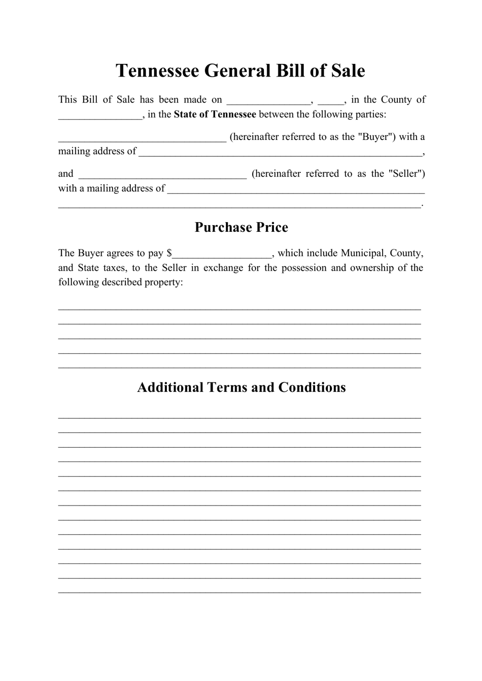 Generic Bill of Sale Form - Tennessee, Page 1