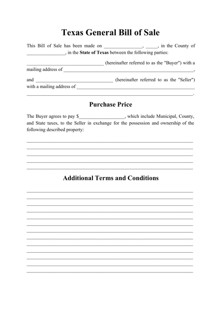 Generic Bill of Sale Form - Texas Download Pdf