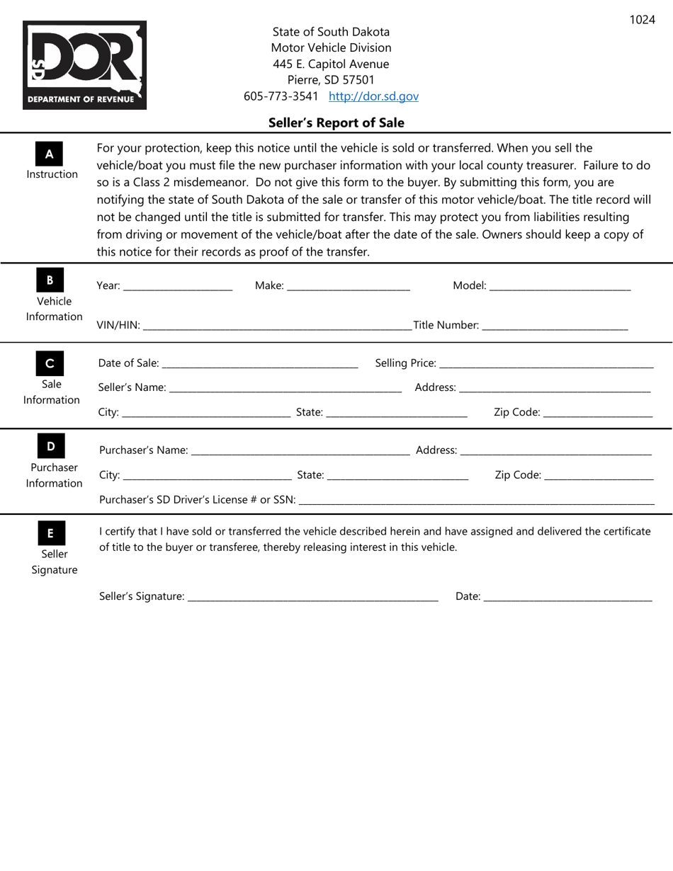 Form 1024 Sellers Report of Sale - South Dakota, Page 1