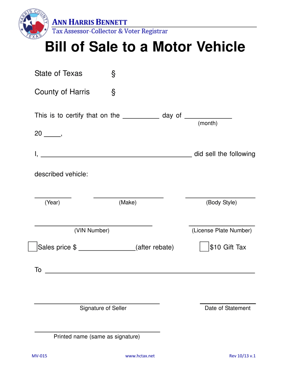 Form MV-015 Bill of Sale to a Motor Vehicle - Harris County, Texas, Page 1