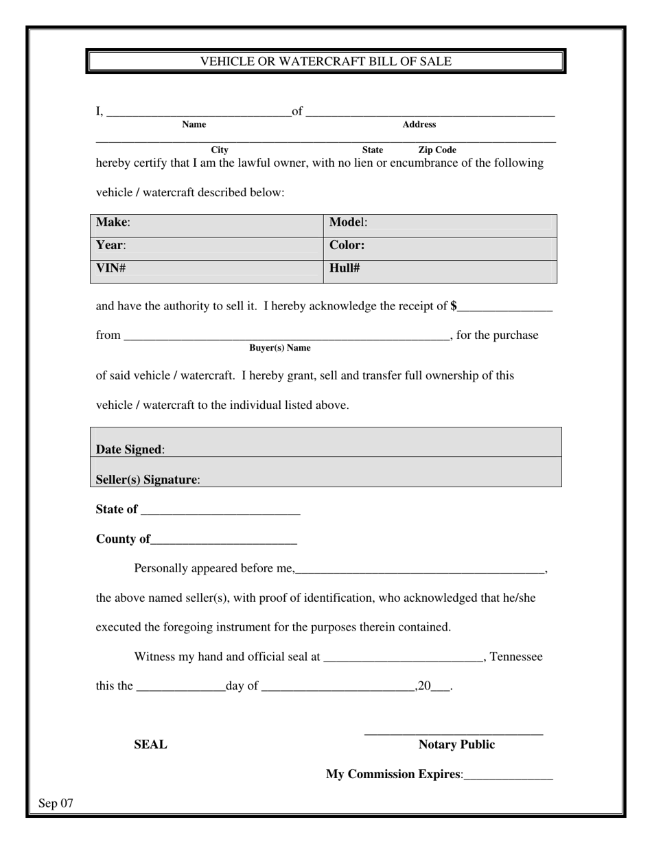 Tipton County Tennessee Vehicle or Watercraft Bill of Sale Fill Out