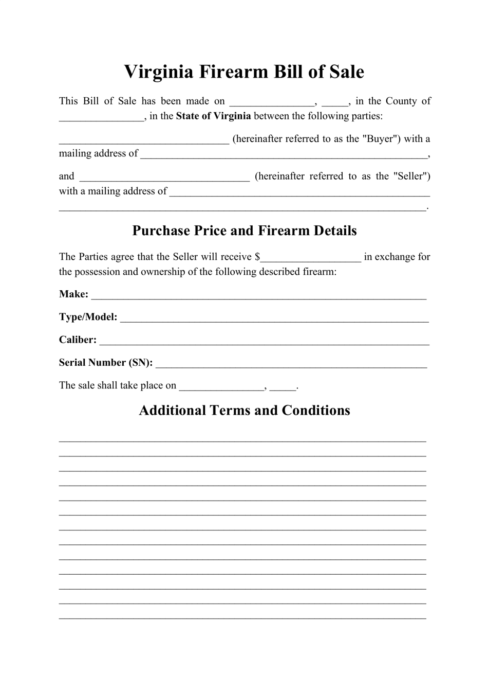 Virginia Firearm Bill of Sale Form Download Printable PDF