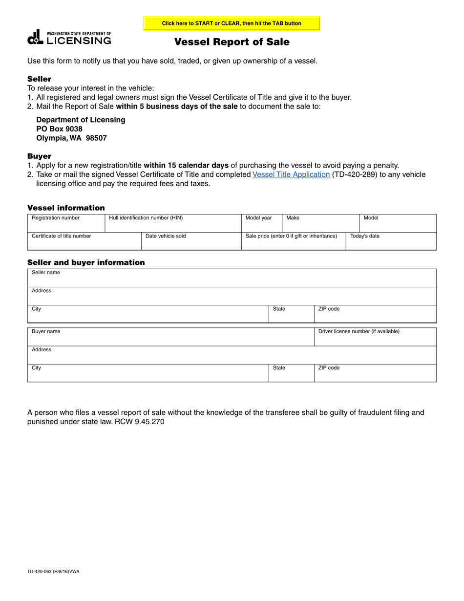 Form TD-420-063 Vessel Report of Sale - Washington, Page 1
