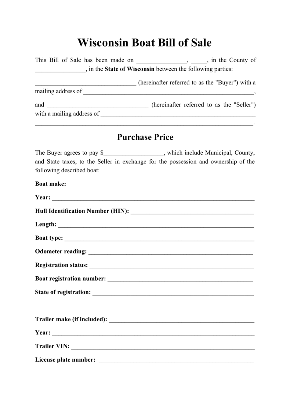 Boat Bill of Sale Form - Wisconsin, Page 1