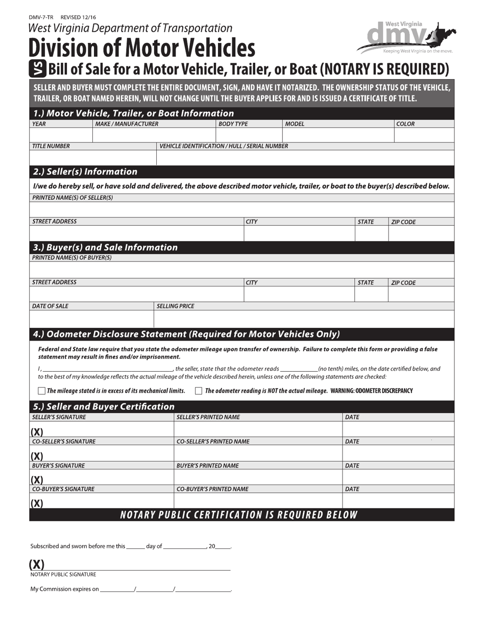 Form DMV-7-TR Bill of Sale for a Motor Vehicle, Trailer, or Boat - West Virginia, Page 1