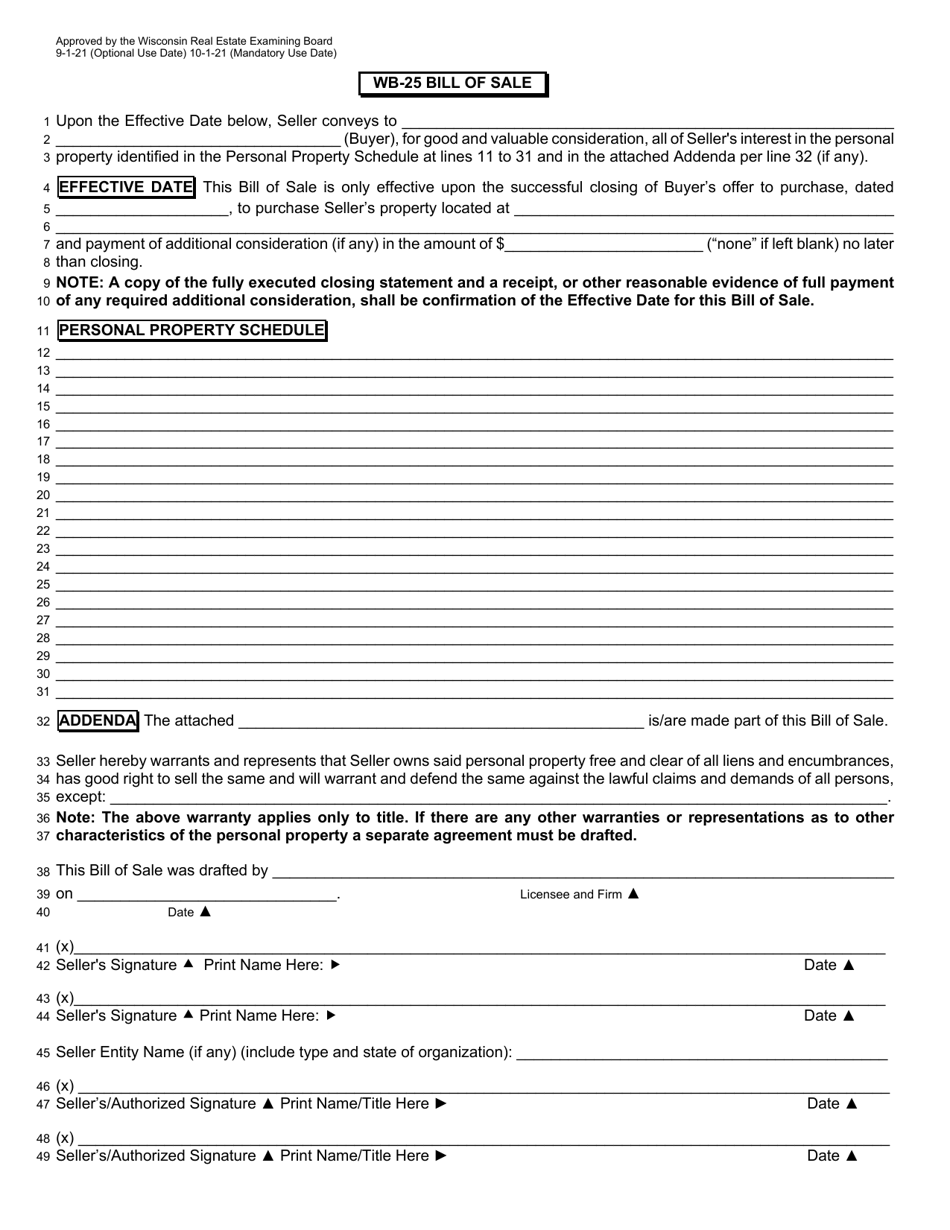 Form WB-25 Bill of Sale - Wisconsin, Page 1