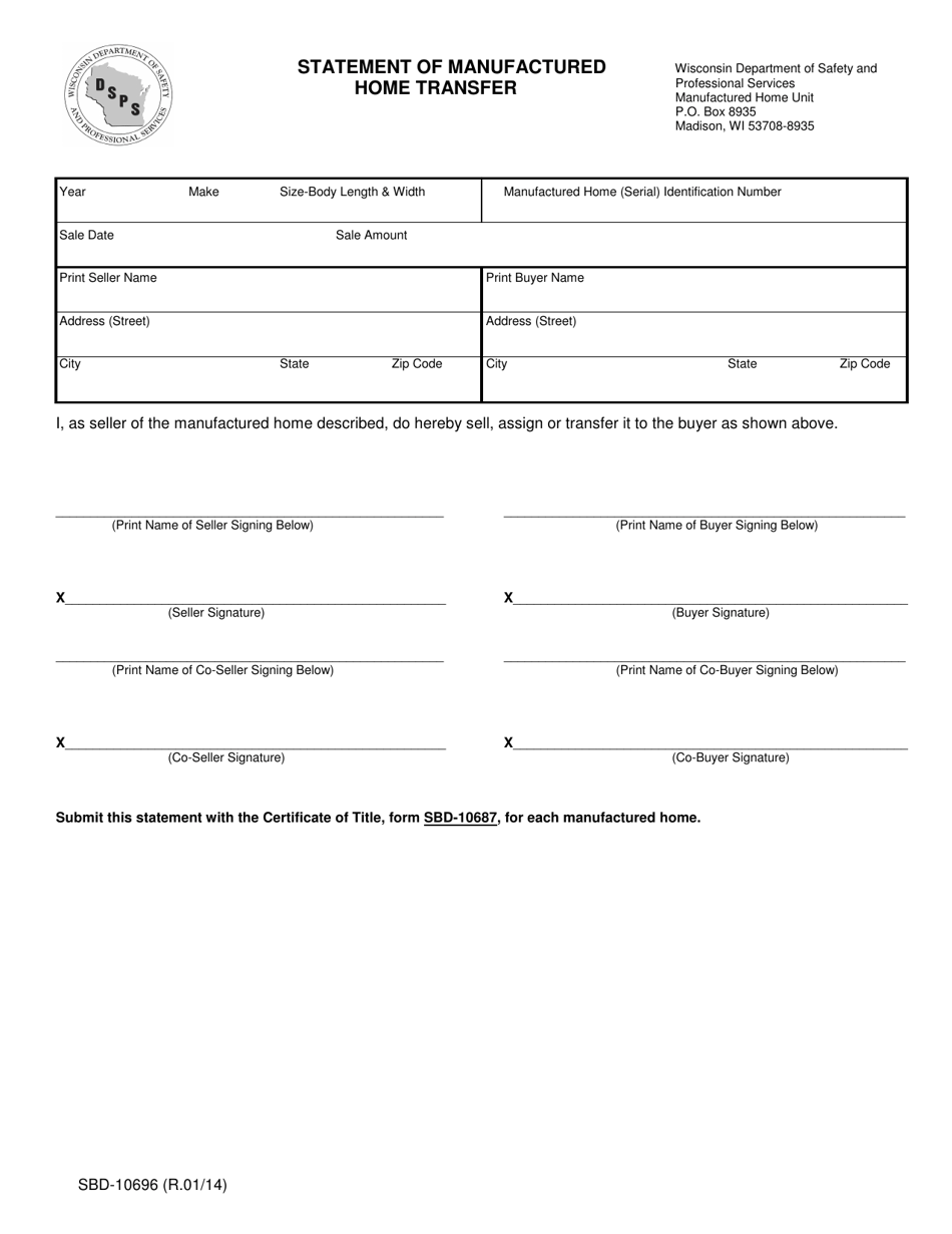 Form SBD-10696 Statement of Manufactured Home Transfer - Wisconsin, Page 1