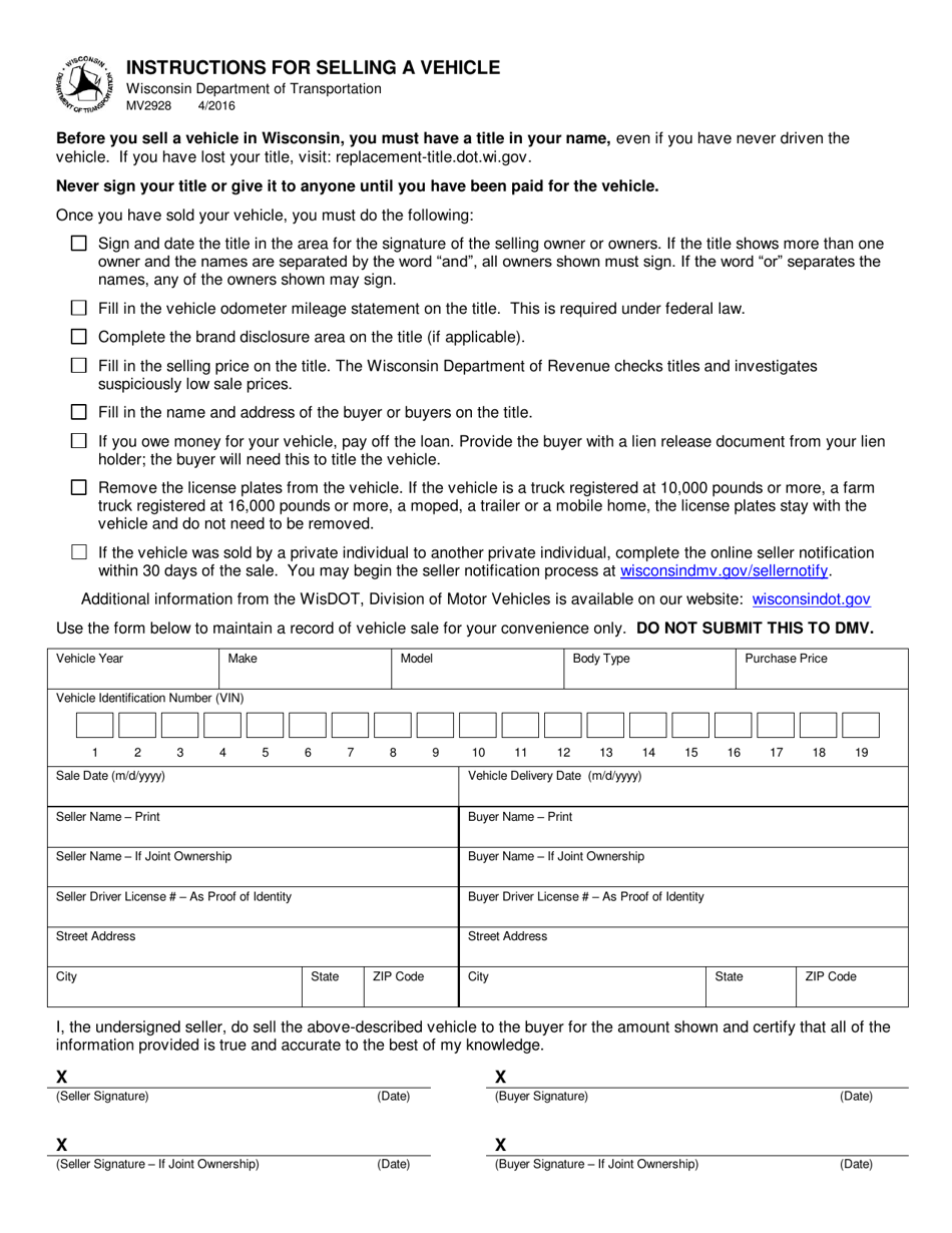 Form MV2928 Instructions for Selling a Vehicle - Wisconsin, Page 1