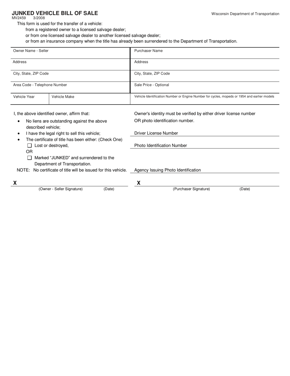 Form MV2459 Junked Vehicle Bill of Sale - Wisconsin, Page 1