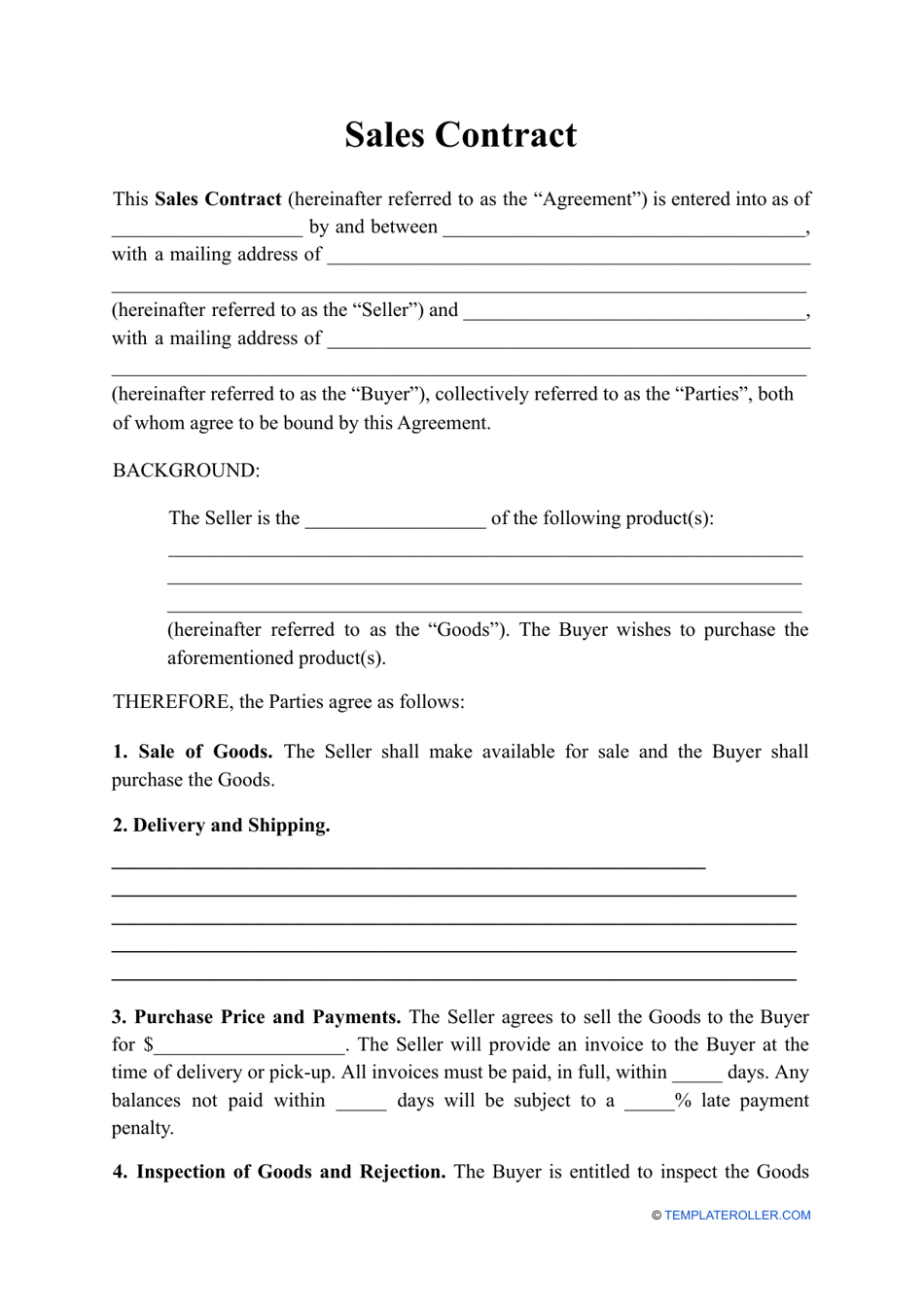 Sales Contract Template Download Printable PDF Templateroller