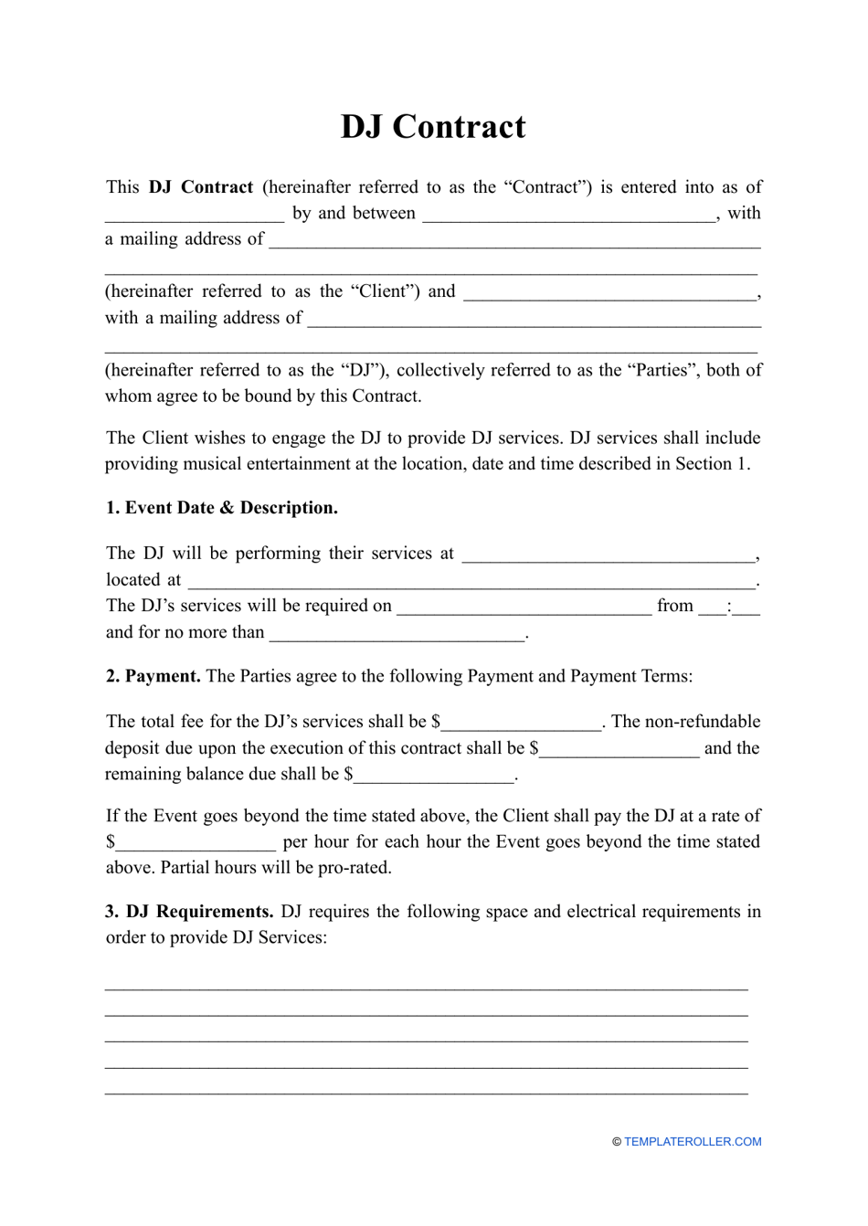 Disc Jockey (DJ) Services Contract Template Download Printable PDF For venue hire agreement template
