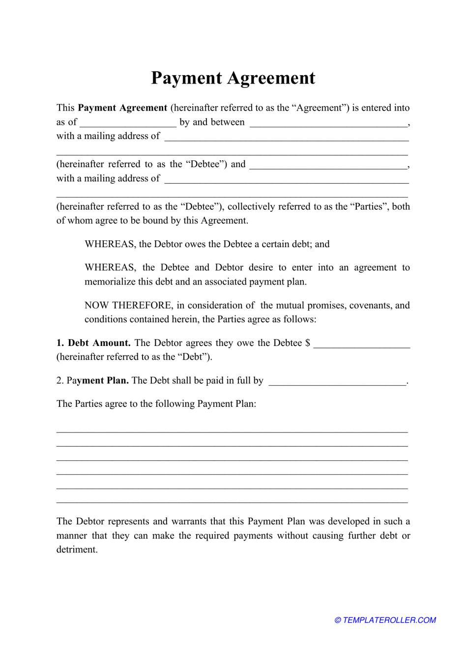 Payment Agreement Template Download Printable PDF  Templateroller In share buy back agreement template