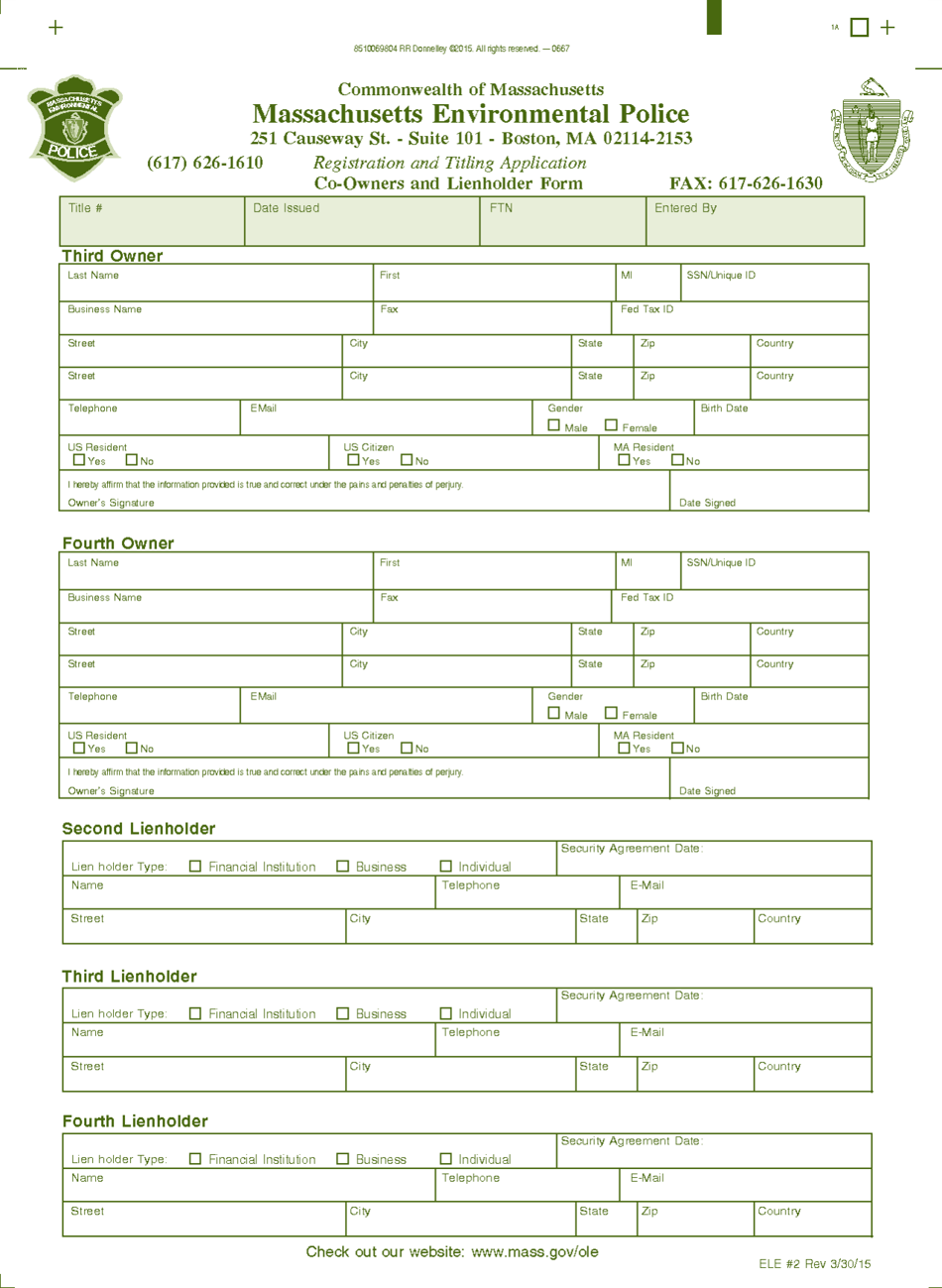Boat, Off-Highway Vehicle and Snowmobile Supplemental Registration Form for Co-owners and Lienholders - Massachusetts, Page 1