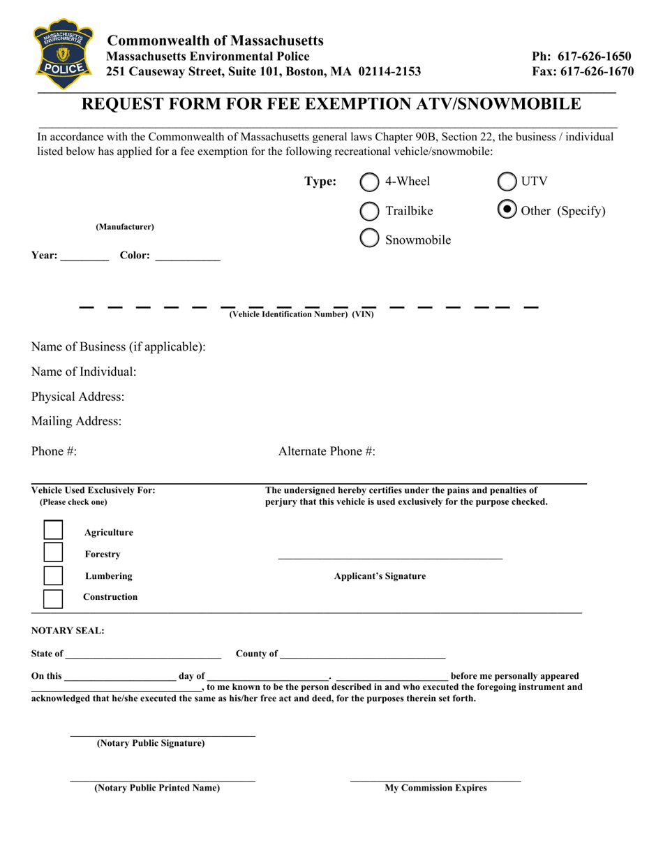Massachusetts OffHighway Vehicle and Snowmobile Registration Fee