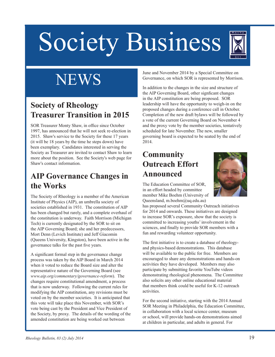 Rheology Bulletin (Volume 83 Number 2) - the Society of Rheology, Page 19