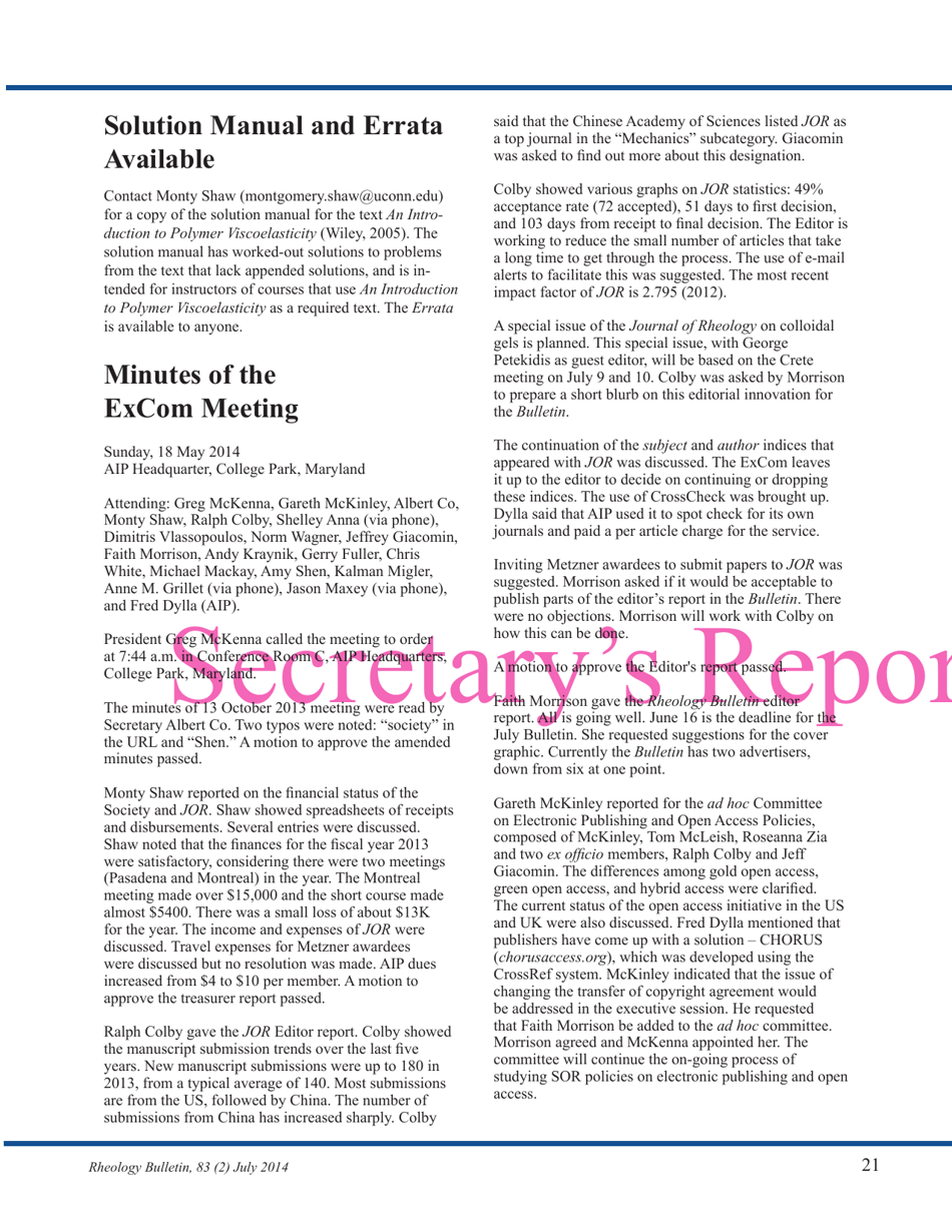 Rheology Bulletin (Volume 83 Number 2) - the Society of Rheology, Page 21