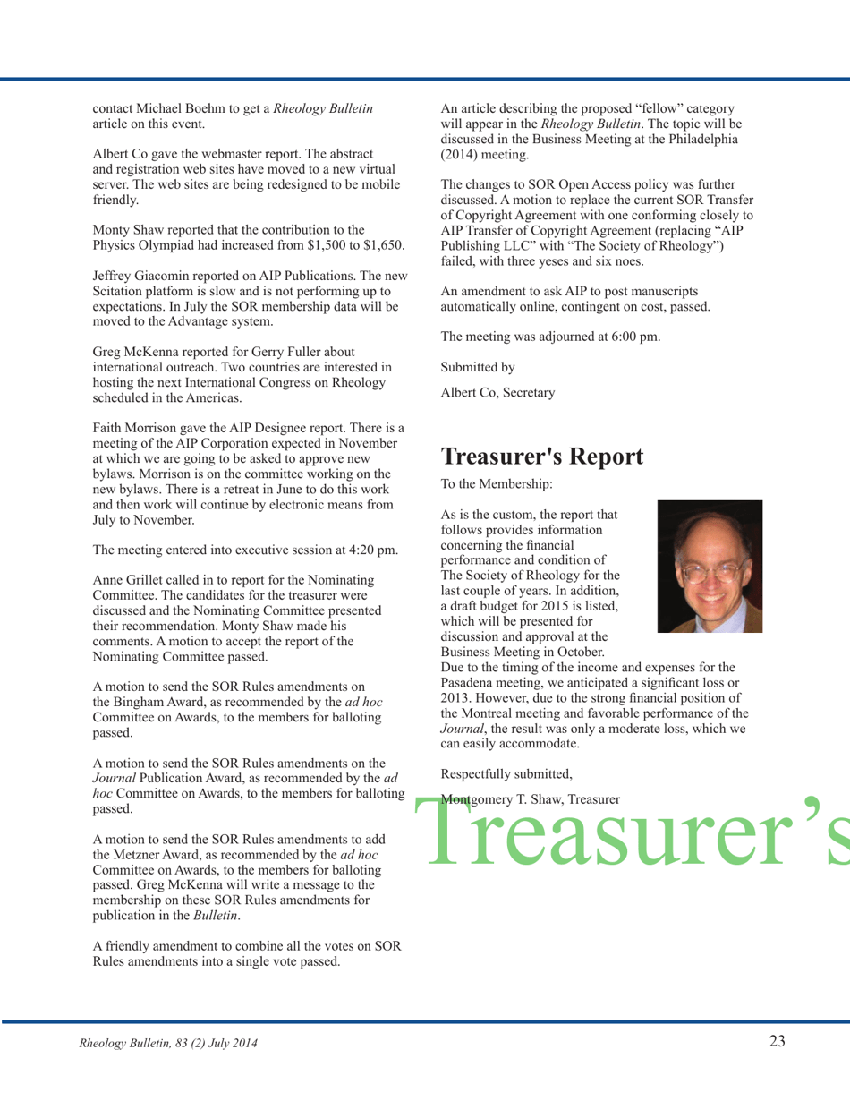 Rheology Bulletin (Volume 83 Number 2) - the Society of Rheology, Page 23