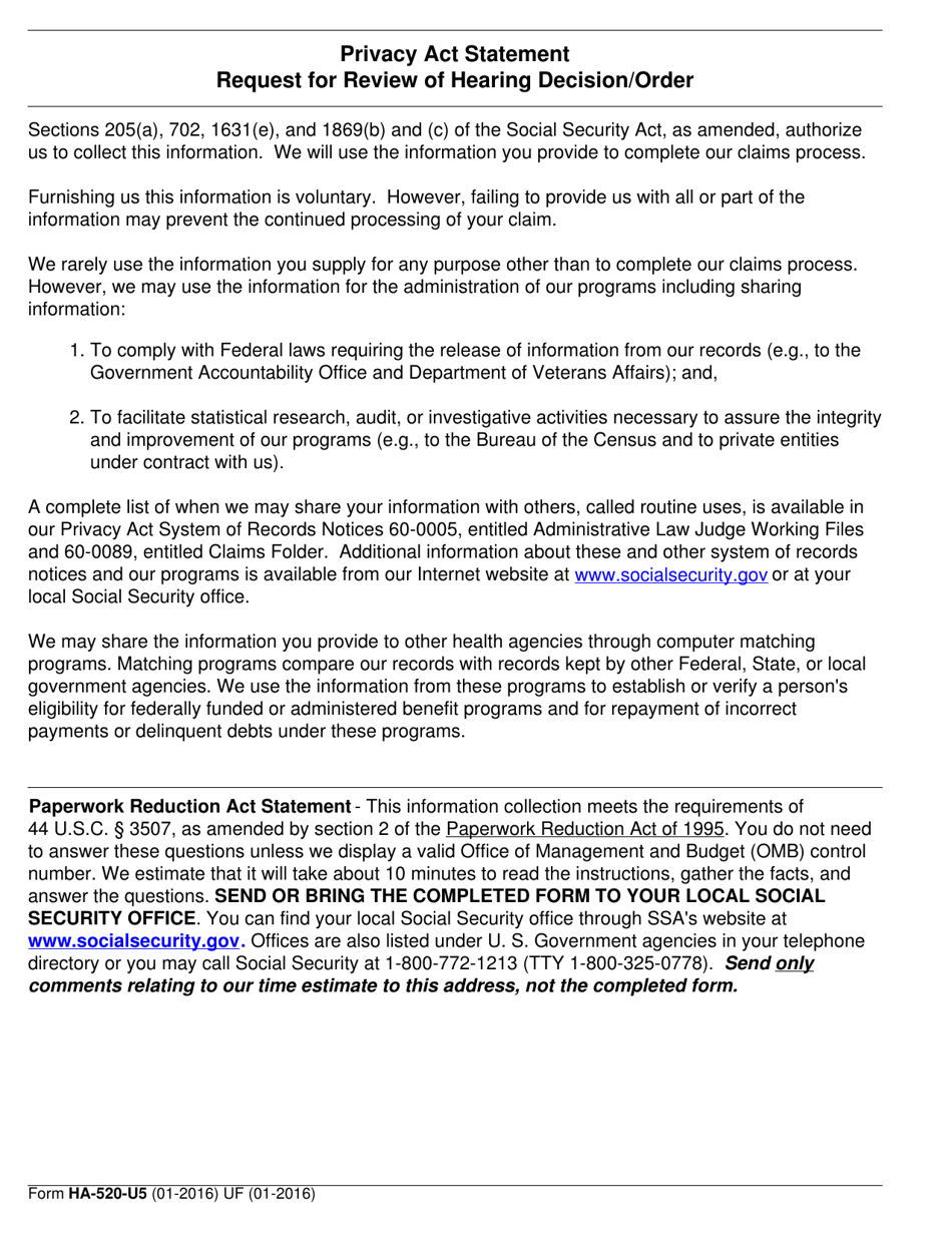 Form HA-520-U5 Request for Review of Hearing Decision / Order, Page 2
