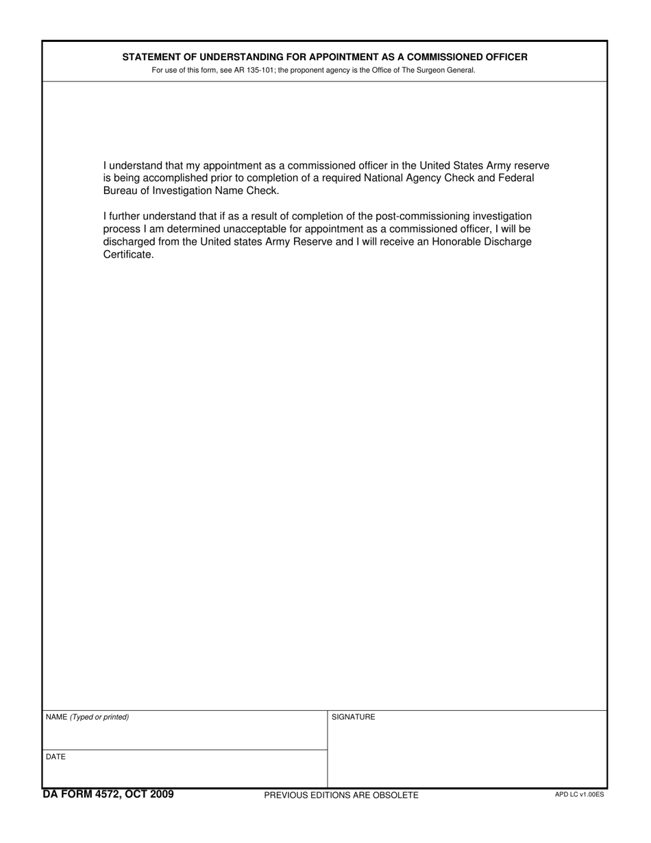 DA Form 4572 Statement of Understanding for Appointment as a Commissioned Officer, Page 1
