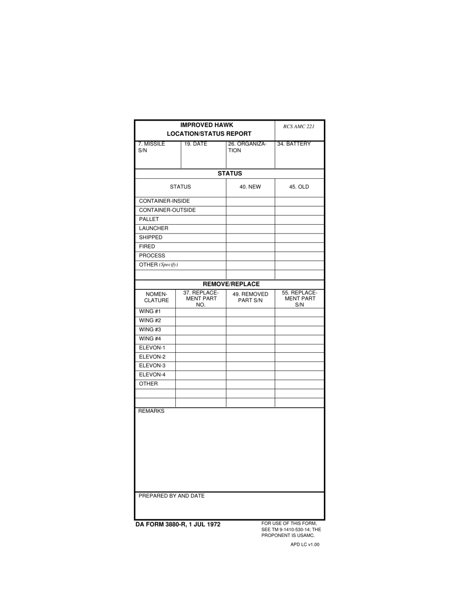 DA Form 3880-R Improved Hawk Location / Status Report, Page 1