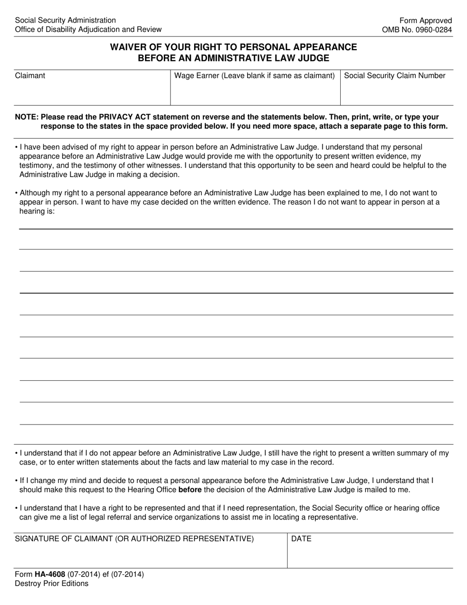 Form HA-4608 Waiver of Your Right to Personal Appearance Before an Administrative Law Judge, Page 1