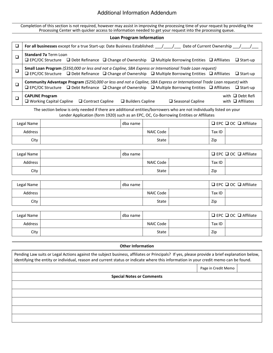 SBA 7(A) Loan Submission Checklist (For All Regular 7(A) and Caplines ...