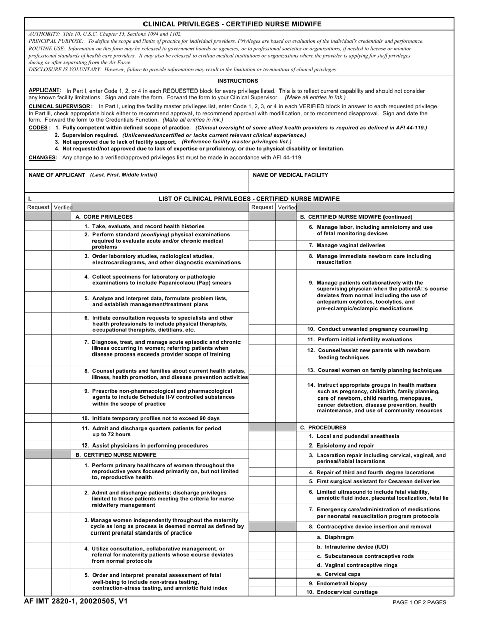 AF IMT Form 2820-1 Clinical Privileges - Certified Nurse Midwife, Page 1