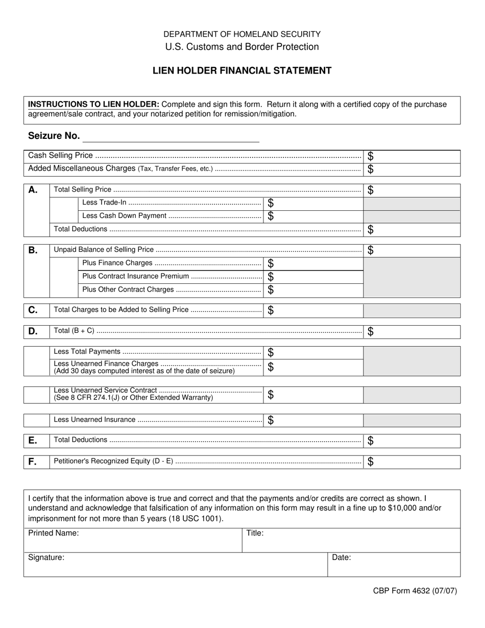 CBP Form 4632 Lien Holder Financial Statement, Page 1