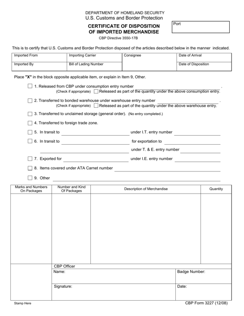 CBP Form 3227  Printable Pdf