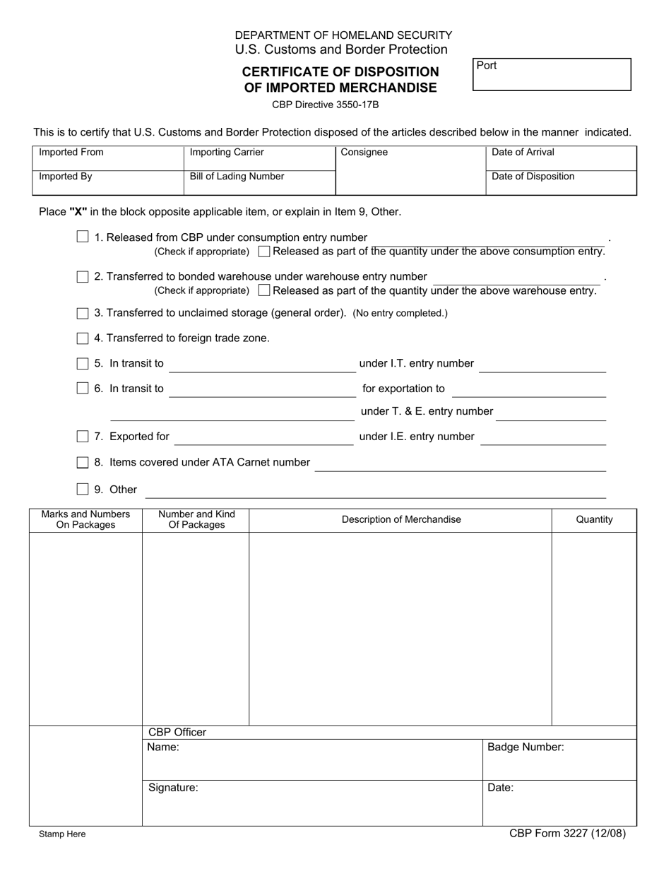 CBP Form 3227 Certificate of Disposition of Imported Merchandise, Page 1