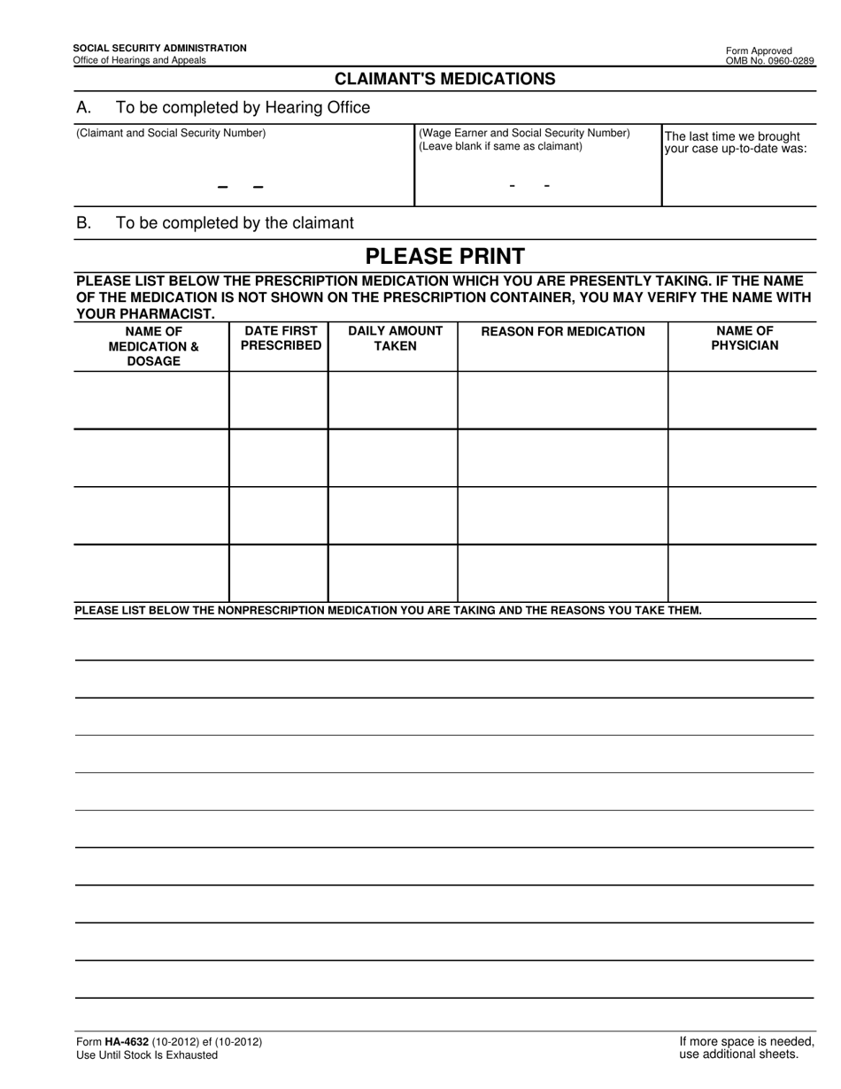 Form HA-4632 Claimants Medications, Page 1
