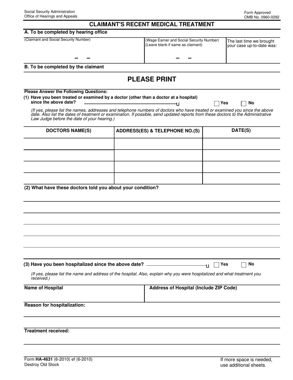 Form HA-4631 Claimants Recent Medical Treatment, Page 1