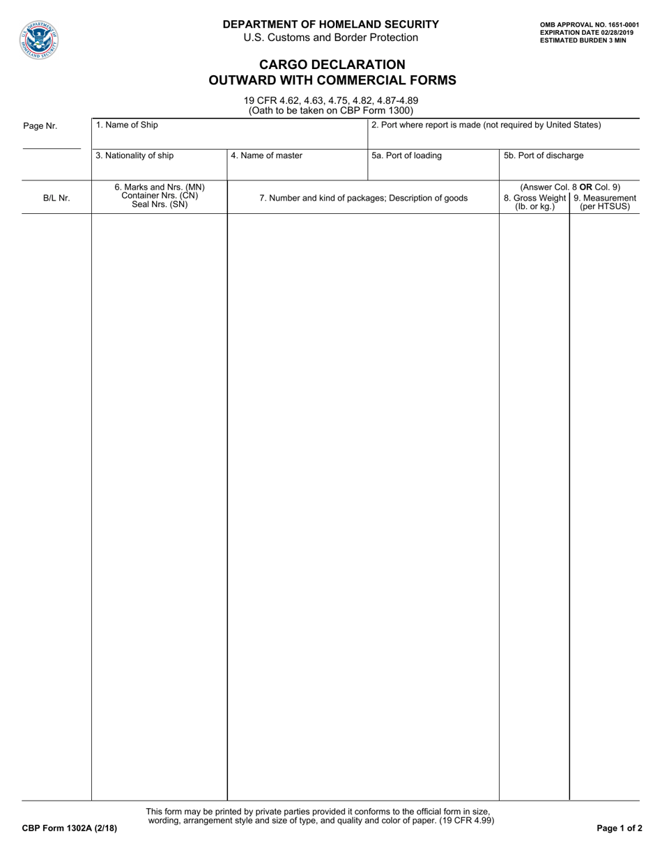 CBP Form 1302A Cargo Declaration Outward With Commercial Forms, Page 1