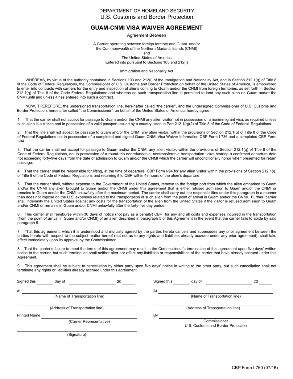 CBP Form I-760 Guam-CNMI Visa Waiver Agreement, Page 1