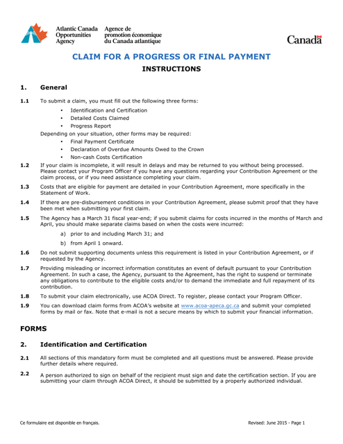 Instructions for Claim for a Progress or Final Payment - Canada
