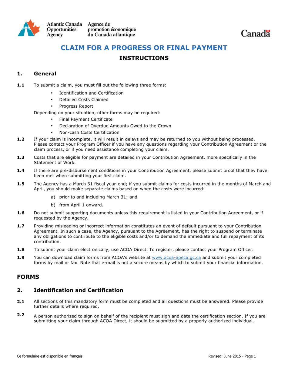 Instructions for Claim for a Progress or Final Payment - Canada, Page 1