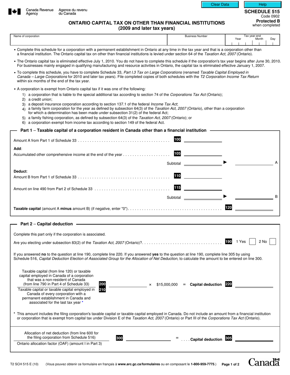 Form T2 Schedule 515 - Fill Out, Sign Online And Download Fillable Pdf 