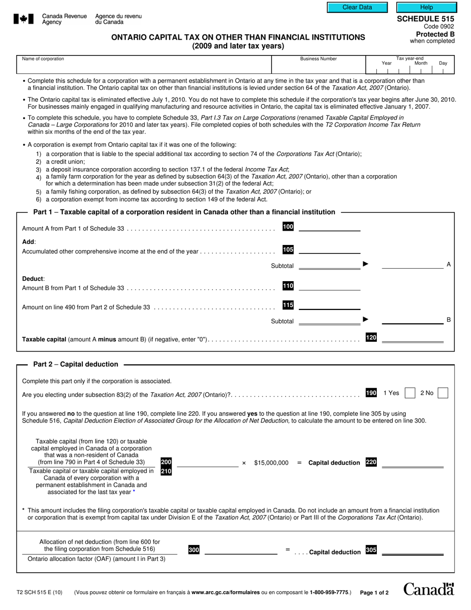 Form T2 Schedule 515 Ontario Capital Tax on Other Than Financial Institutions (2009 and Later Tax Years) - Canada, Page 1