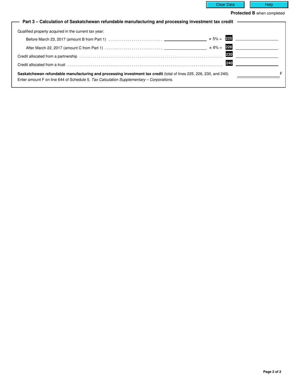 Form T2 Schedule 402 Saskatchewan Manufacturing and Processing Investment Tax Credit (2017 and Later Taxation Years) - Canada, Page 2