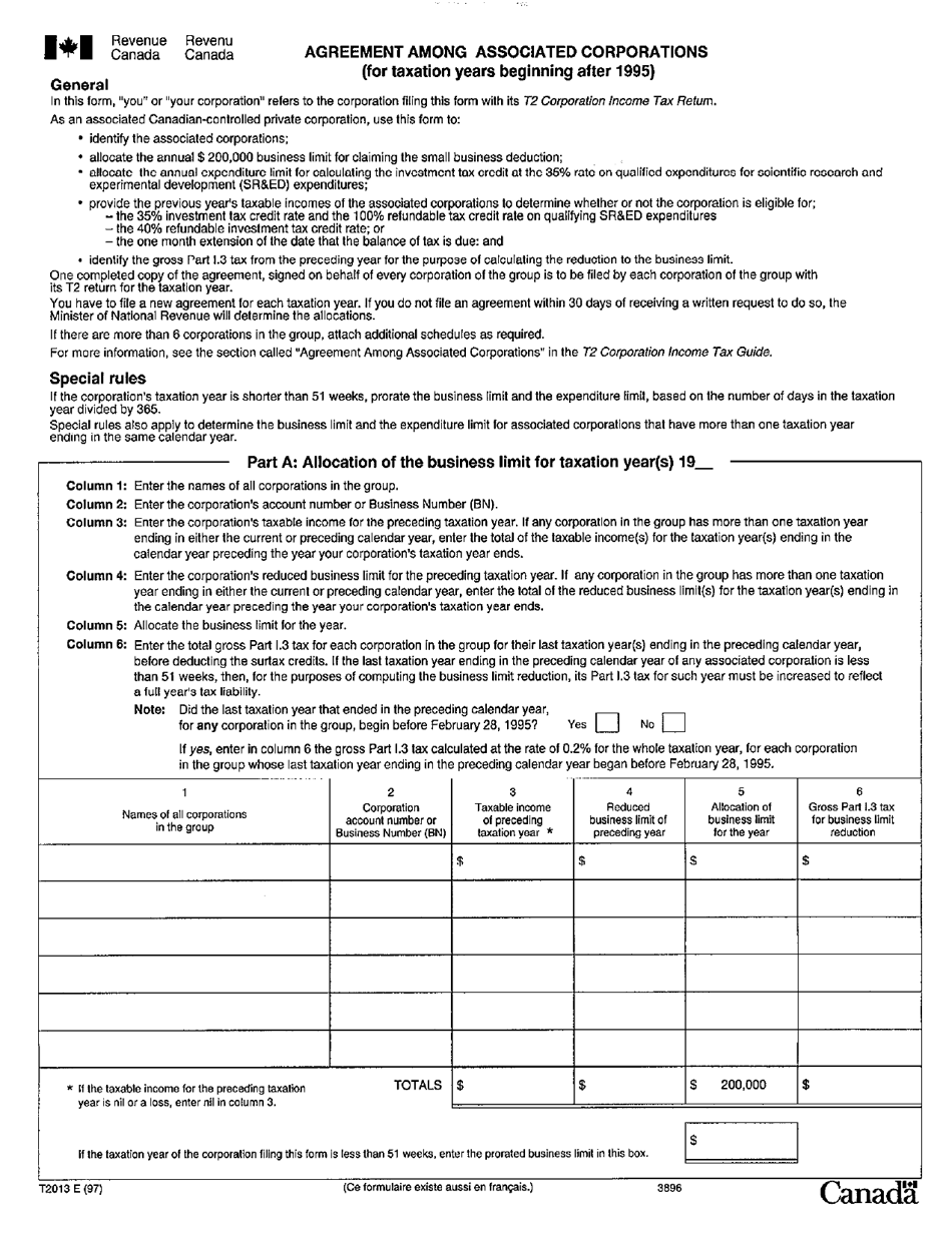 Form T2013 Agreement Among Associated Corporations (For Taxation Years Beginning After 1995) - Canada, Page 1