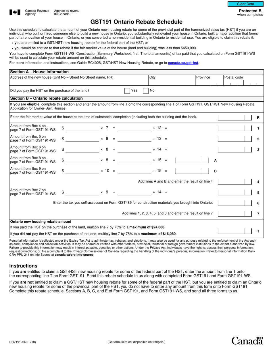 Form RC7191-ON Gst191 Ontario Rebate Schedule - Canada, Page 1