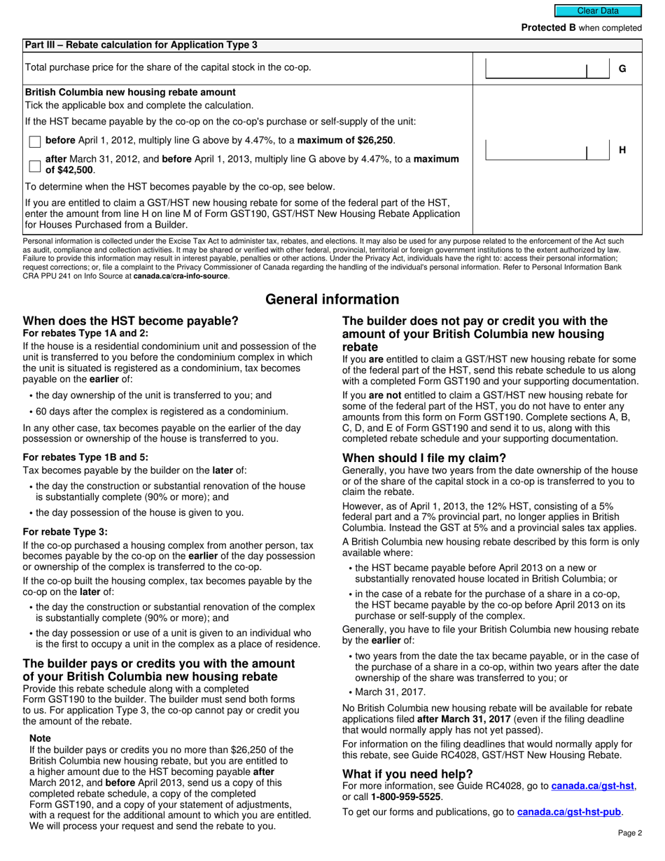 Form RC7190-BC Gst190 British Columbia Rebate Schedule - Canada, Page 2