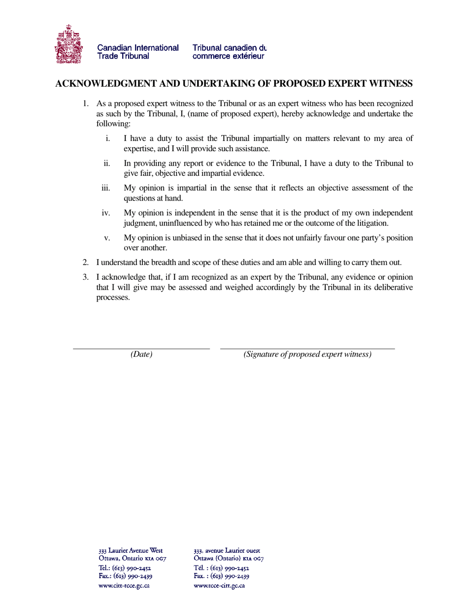 Acknowledgment and Undertaking of Proposed Expert Witness - Canada, Page 1