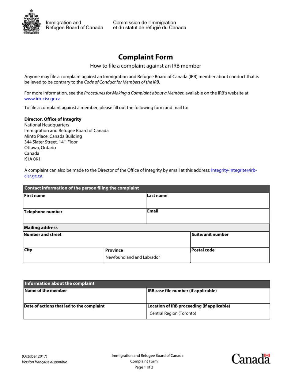 Complaint Form - Canada, Page 1