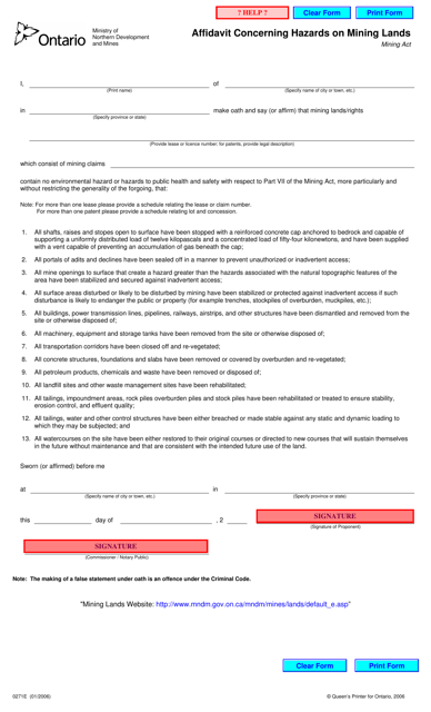 Form 0271E Affidavit Concerning Hazards on Mining Lands - Ontario, Canada