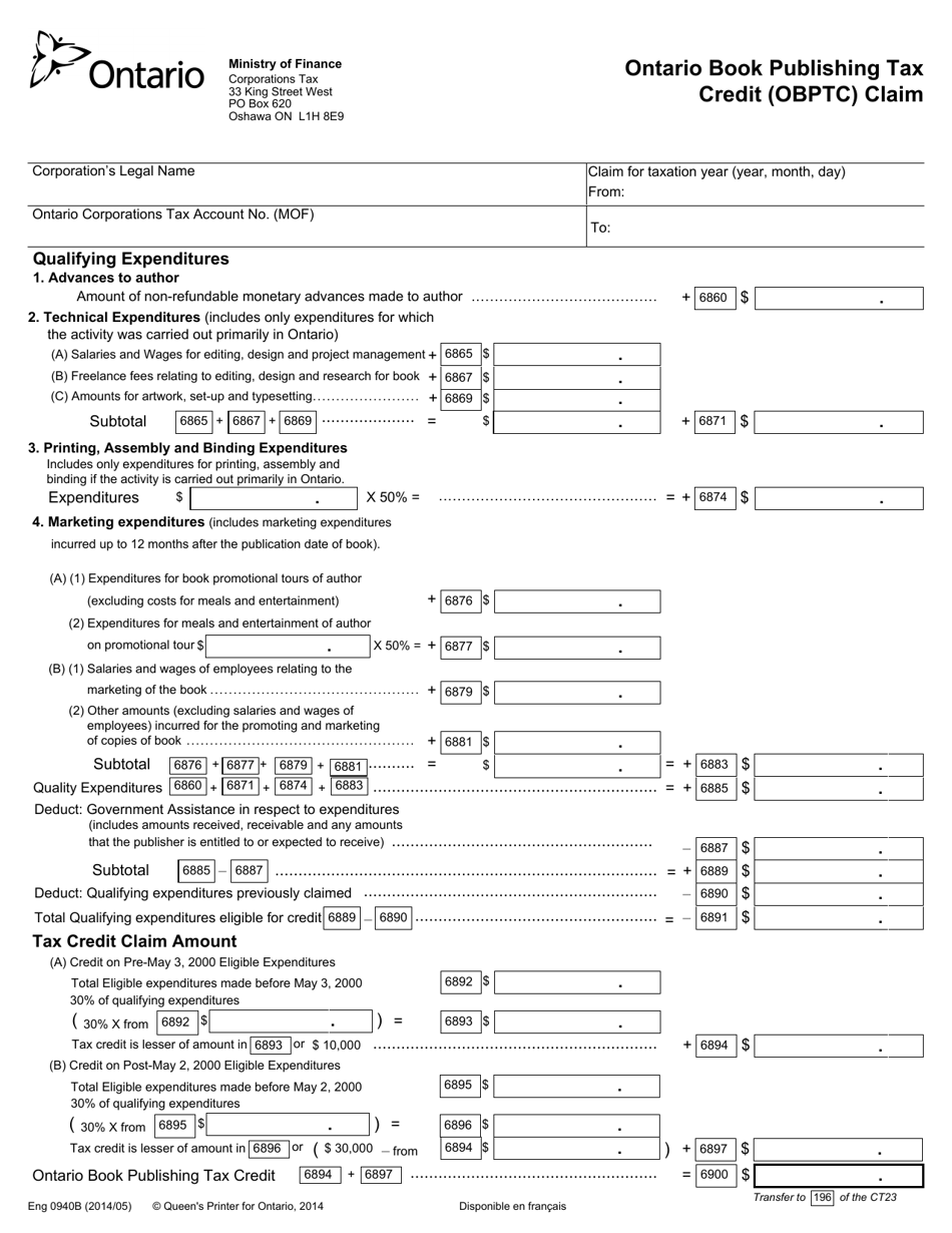 Form 0940B Ontario Book Publishing Tax Credit (Obptc) Claim - Ontario, Canada, Page 1